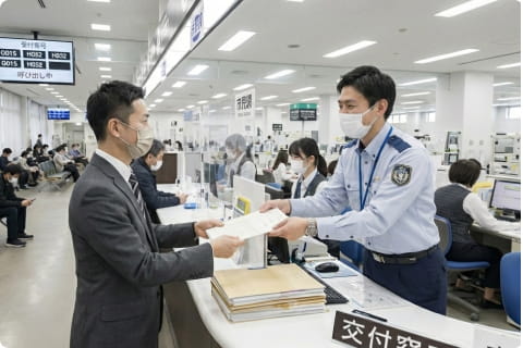 窓口で書類を提出し受付対応を受ける様子
