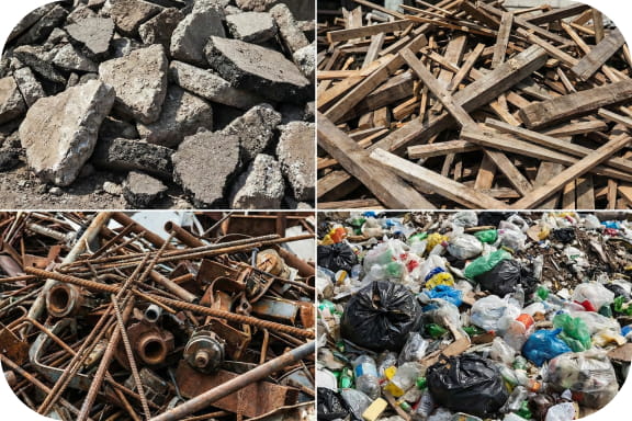 受入不可に該当する、セメント塊、木片、プラスチックなどの画像