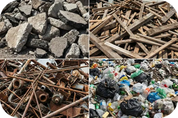 受入不可に該当する、セメント塊、木片、プラスチックなどの画像